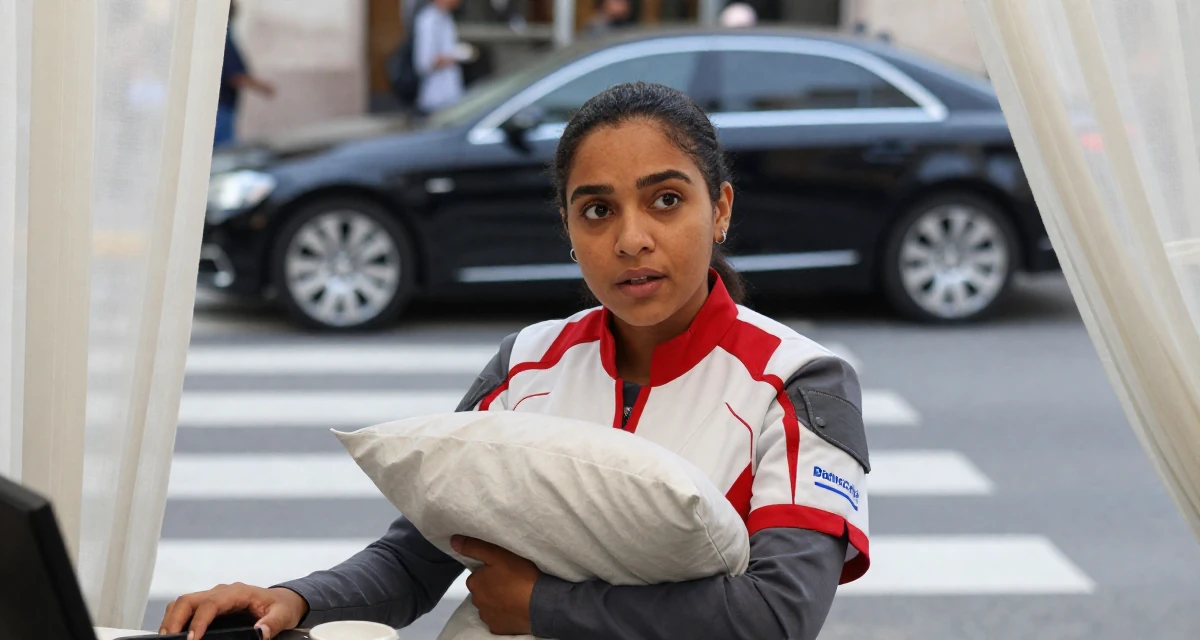 A curious and focused Female Born in the Dominican Republic, studied tourism marketing in their 21, full of rebellious spirit and curiosity, wearing a futuristic medic uniform with white and red details, hugging a pillow or cushion in a busy crosswalk.