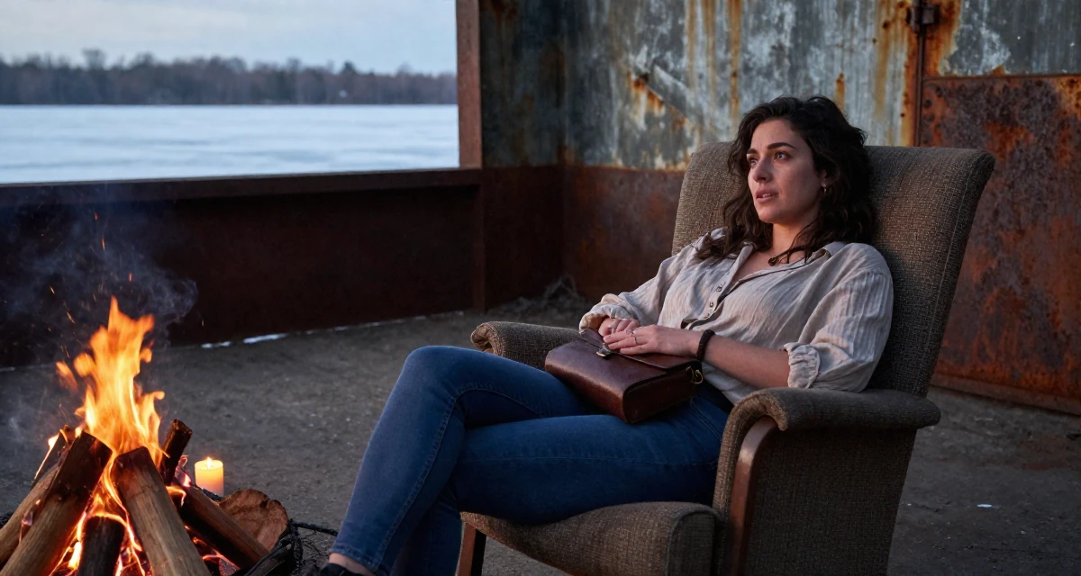 A curious and focused Female Once a high-school English tutor, now exploring sensual storytelling in their 33, feeling a deep sense of gratitude and grounding, wearing a loose fitting blouse tucked into tight jeans, holding a purse tightly in a campfire circle.