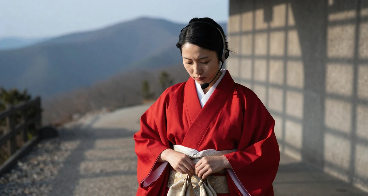 A cool and collected Female Former call-center worker, now crafting confidence-centric creator content in their 25, embracing solitude and self-discovery, wearing a traditional Japanese miko priestess robe in red and white, closing a bag in a mountain trail.