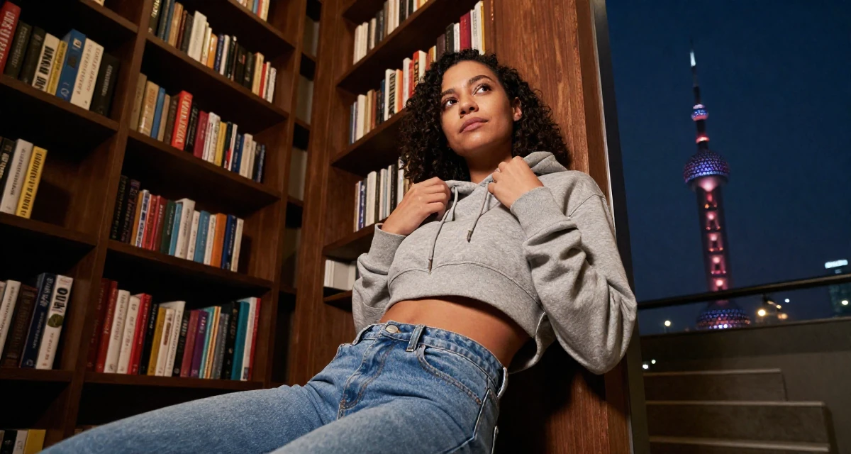 A lighthearted Female From São Paulo Brazil, studied digital entertainment in their 25, thinking about quitting but too deep to walk away, wearing a cropped hoodie showing midriff and low-rise jeans, fixing a collar in a winding staircase.