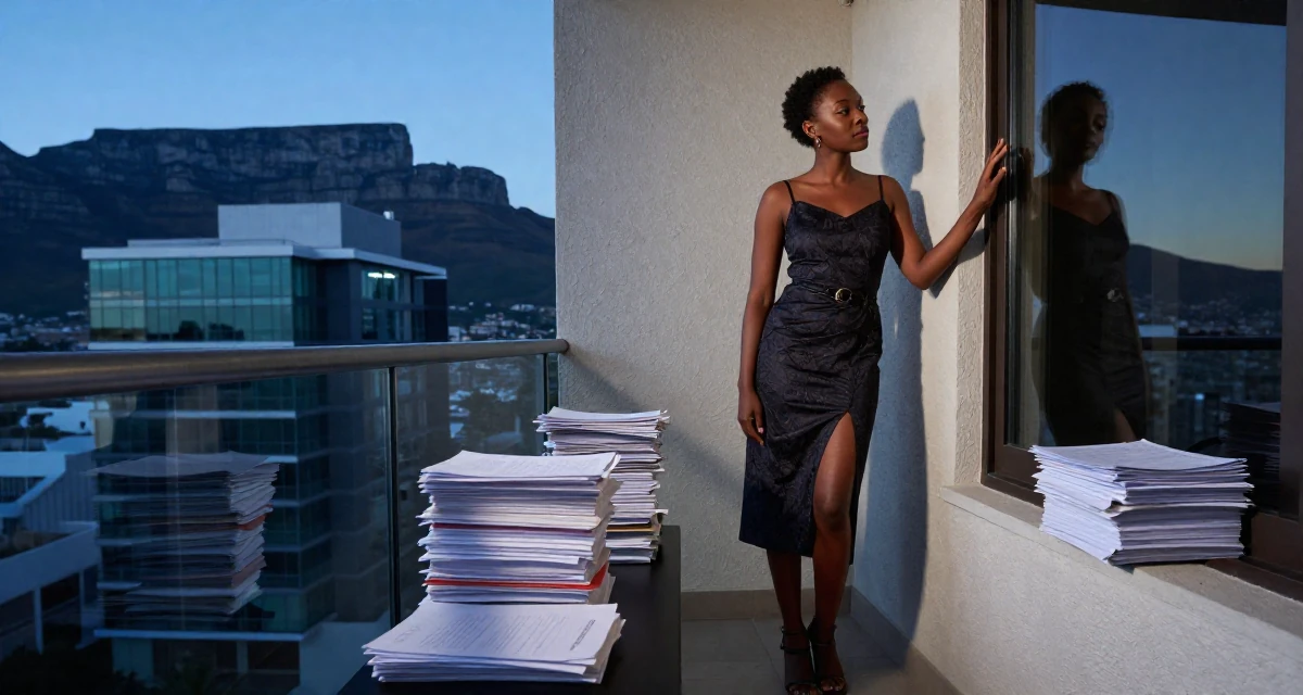 A introspective Female From Cape Town South Africa, learned outdoor modeling and posing in their 34, managing a remote team from a home office, wearing a elegant midi skirt with a high slit and heels, checking a reflection in a window in a luxury penthouse balcony.