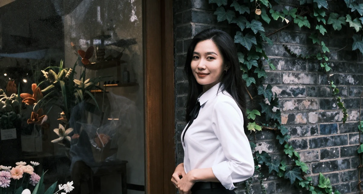 A warm and welcoming Female From Hangzhou China, majored in visual arts in their 31, investing in personal health and fitness, wearing a white shirt with a black ribbon tie, adjusting a belt in a flower shop entrance.