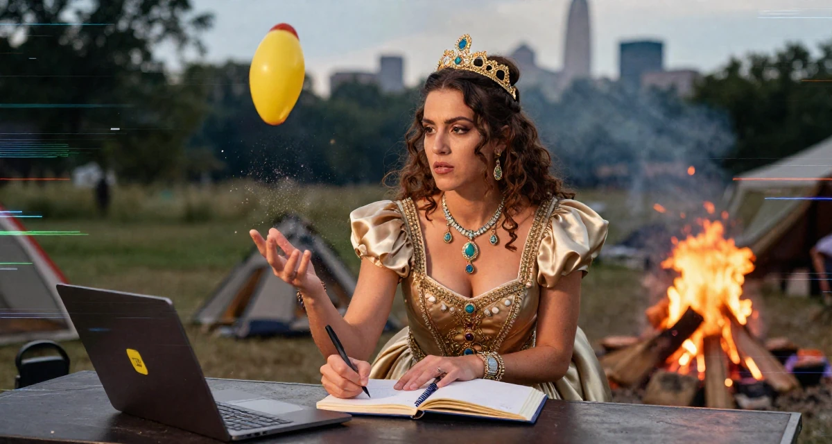 A intense Female Previously a music major, now offering exclusive performance clips in their 26, juggling real-life chaos with online expectations, wearing a regal empress gown with heavy silk and jewelry, writing in a journal in a campfire circle.