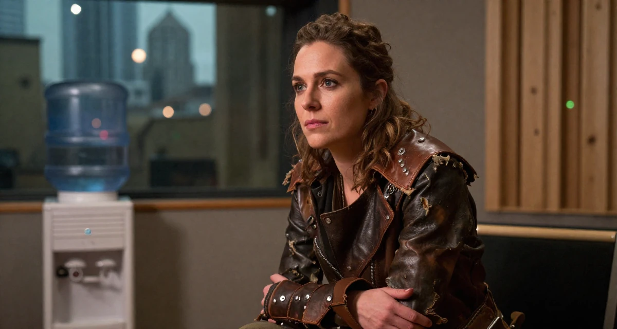 A calmly observant Female From UK, has a background in history and archaeology in their 35, passionate about classical music and art, wearing a post-apocalyptic scavenger outfit with distressed leather, glancing over the shoulder in a music recording studio.