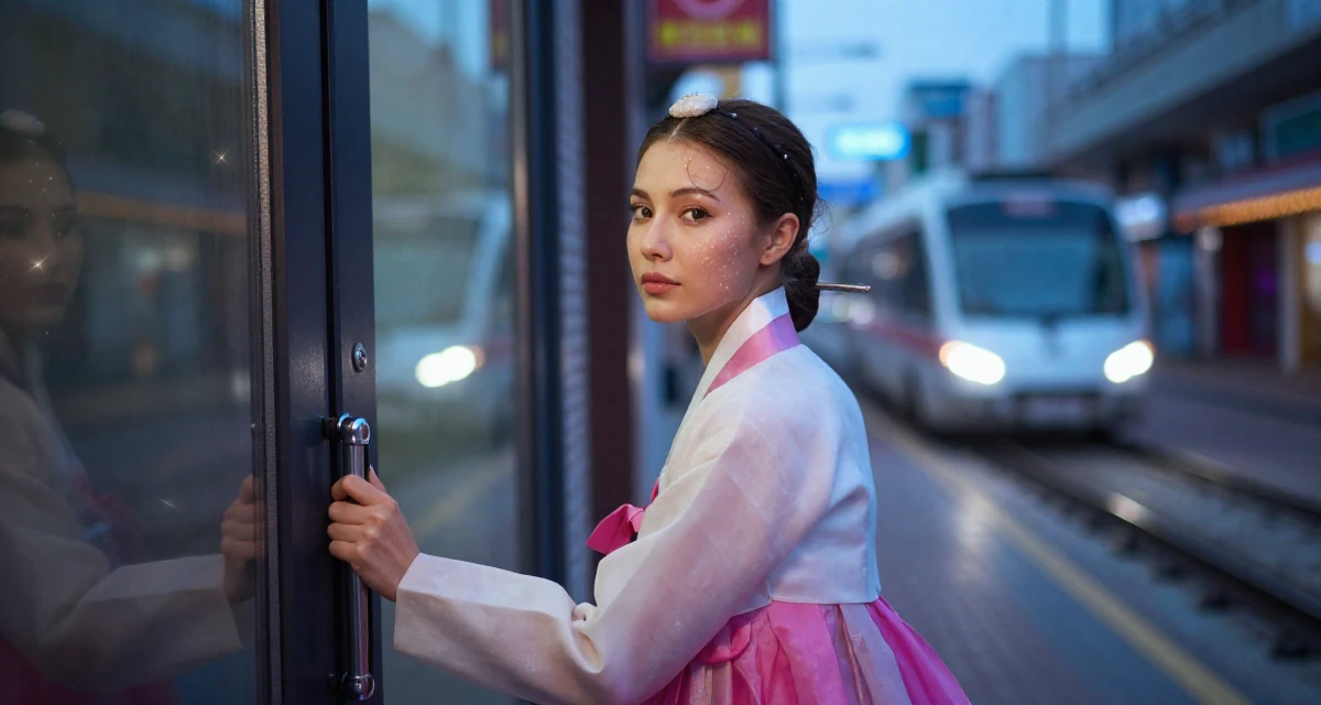 A aloof but intriguing Female From Russia, majored in chemical engineering in their 35, sharing luxury travel experiences on a budget, wearing a traditional hanbok modified for a modern look, pushing a door open in a neon-lit alleyway.