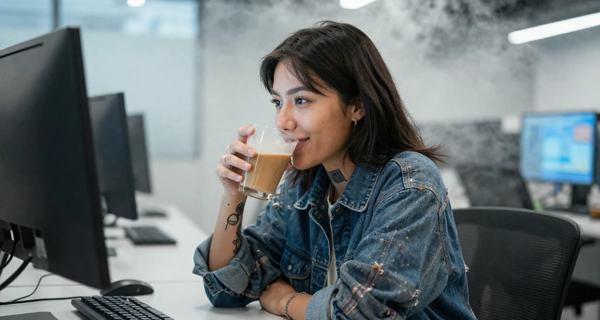A smiling gently Female Once a tattoo apprentice, now a creator blending ink culture and lifestyle in their 22, missing the freedom of student days, wearing a rugged flannel shirt and denim, sipping a warm drink in a cybernetic computer lab.
