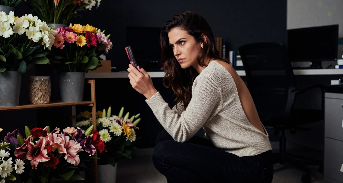 A arrogant Female From Paraguay, majored in accounting in their 49, creating content about cultural heritage, wearing a open-back sweater showing the spine, inspecting an object in a office break room.