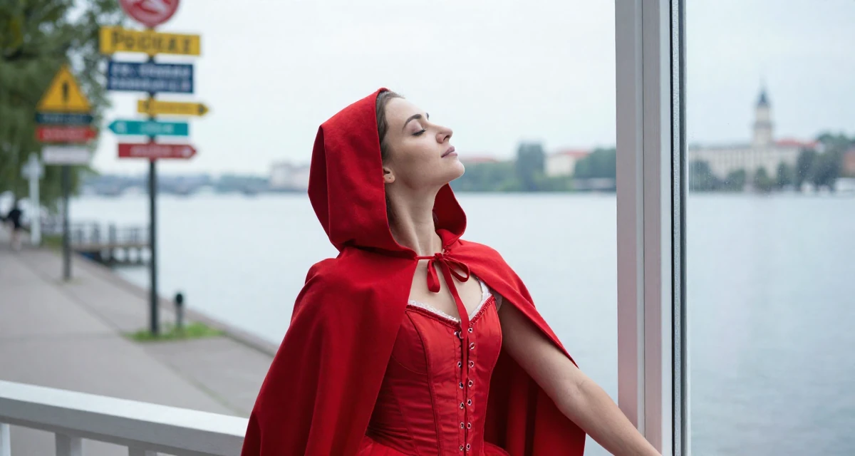 A seductive Female From Russia, trained as a classical ballerina in their 23, exploring flirtatious selfies that feel natural, wearing a red riding hood inspired cape and corset dress, looking out the window in a serene lakeside dock.