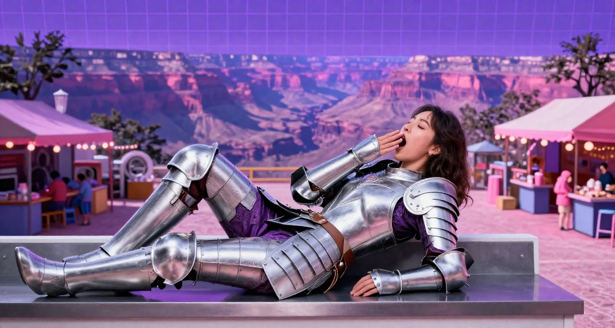 A peaceful Female Once a gym receptionist, now building her own fan-driven fitness brand in their 37, creating a slow-living lifestyle in the suburbs, wearing a fantasy warrior princess armor made of silver metal, yawning discreetly in a laundromat.