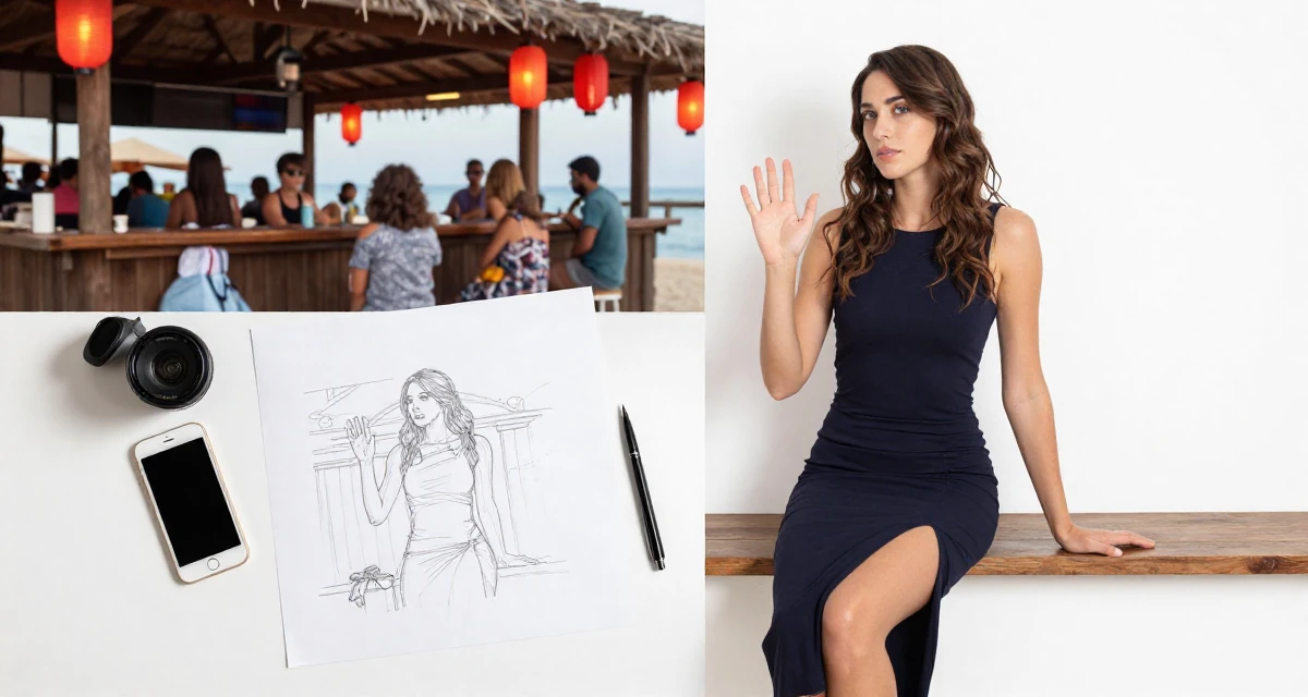 A ethereal Female From Prague Czech Republic, majored in multimedia journalism in their 25, hiding early creator work from family and classmates, wearing a long pencil skirt with a high side slit, waving to someone in a beach bar.