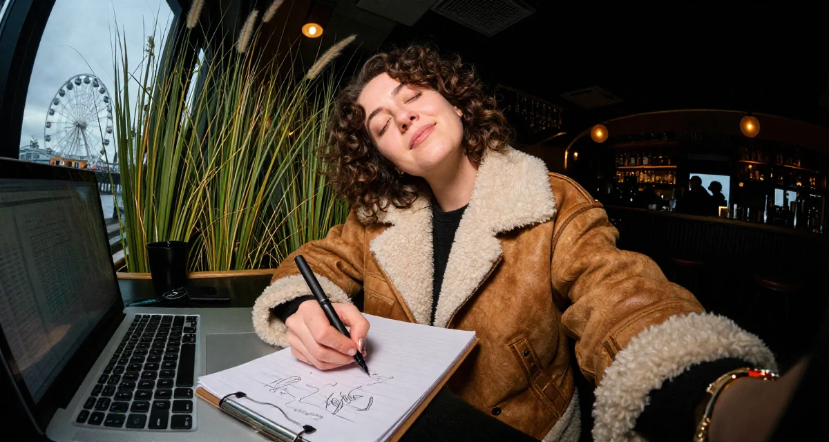 A whimsical Female From the United Kingdom, based in Manchester, graduated from a city university majoring in marketing strategy in their 34, managing a remote team from a home office, wearing a warm shearling jacket, sketching on a pad in a dimly lit jazz bar.