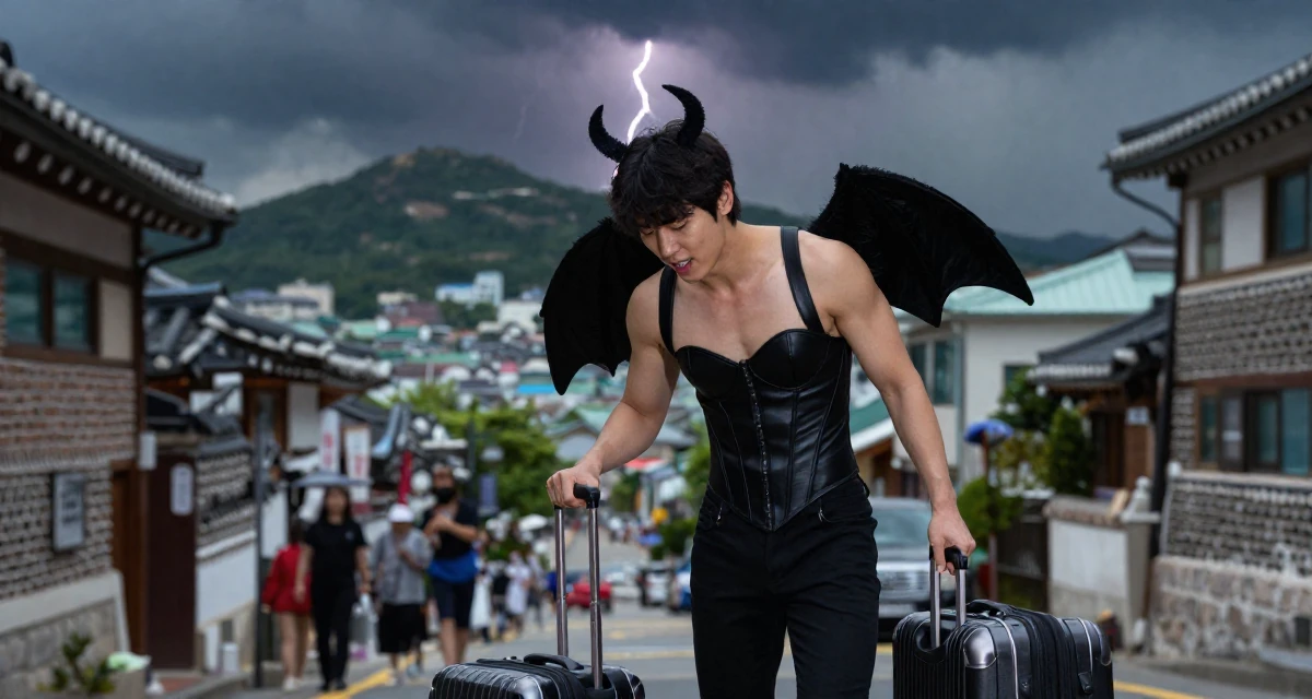 A lighthearted male Based in South Korea, studied fashion merchandising in their 32, recovering from burnout and prioritizing rest, wearing a succubus costume with small wings and a leather bustier, pulling a suitcase in a historic downtown.