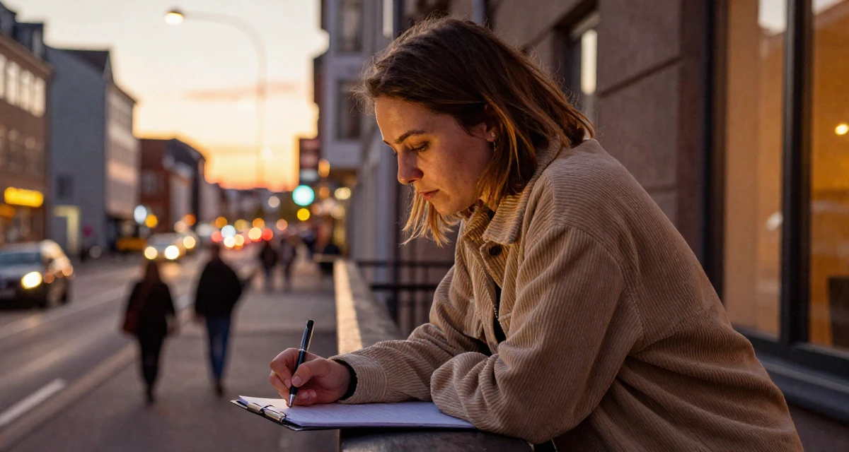 A magnetic Female From Aarhus Denmark, studied digital concept development in their 25, discovering the mental toll of constant visibility, wearing a soft texture corduroy jacket, holding a pen poised to write in a neon-lit street.