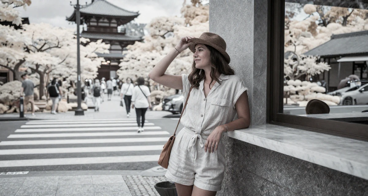 A satisfied Female From Mexico, based in Monterrey, graduated from a private university majoring in communication studies in their 32, seeking intellectual challenges over busy work, wearing a chic summer linen outfit, holding a hat in a busy crosswalk.