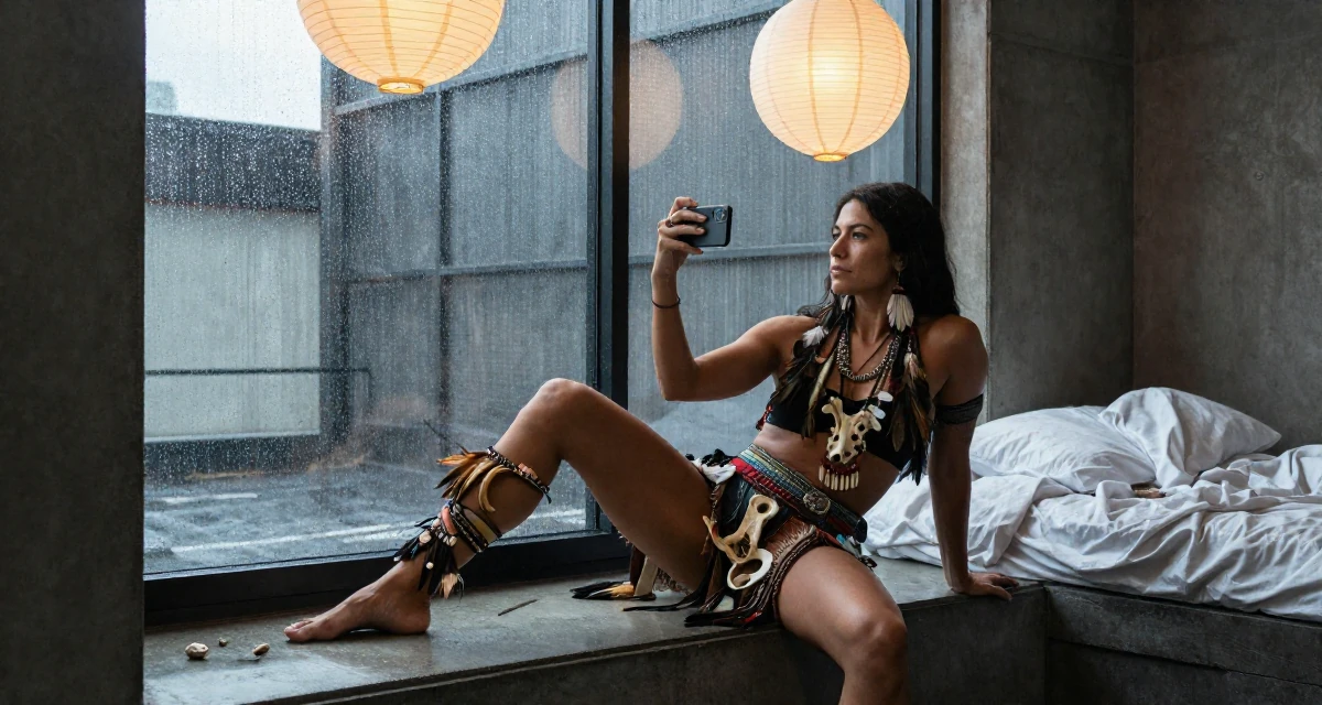 A thoughtful Female From Melbourne Australia, studied creative directing for social content in their 34, ex-corporate lawyer turned yoga instructor, wearing a tribal shaman outfit with feathers and bones, taking a photo in a rainy window seat.