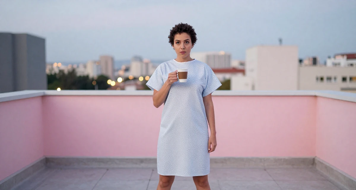 A curious and focused Female From Brazil, studied logistics engineering in their 29, carrying invisible pressure to stay relevant, wearing a hospital patient gown tailored to be form-fitting, holding a cup of coffee in a rooftop terrace.