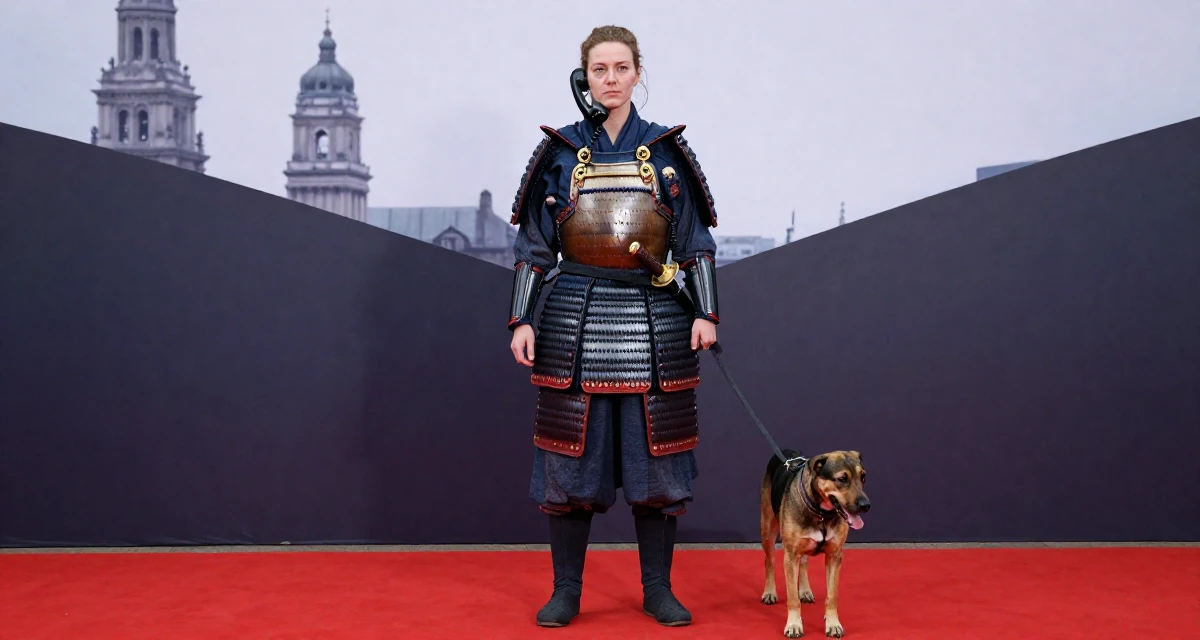 A grounded Female From UK, has a background in history and archaeology in their 22, determined to prove their worth quickly, wearing a samurai armor set with a katana at the waist, walking a dog (leash visible) in a red carpet event.