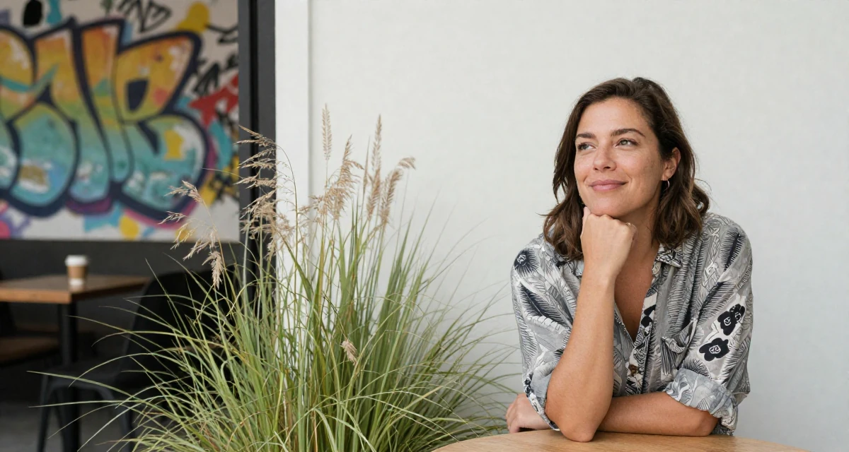 A upbeat Female Previously a hairstylist, now showcasing transformation-driven content in their 49, focusing on spiritual growth and grounding, wearing a relaxed fit patterned shirt, crossing arms confidently in a coffee shop corner.