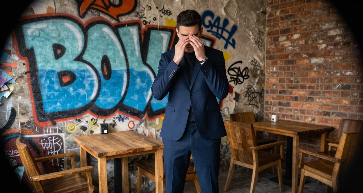 A pensive male From UK, studied criminology in their 22, wearing an ill-fitting blazer and looking nervous, wearing a sleek modern tailored look, rubbing eyes in a graffiti art wall.