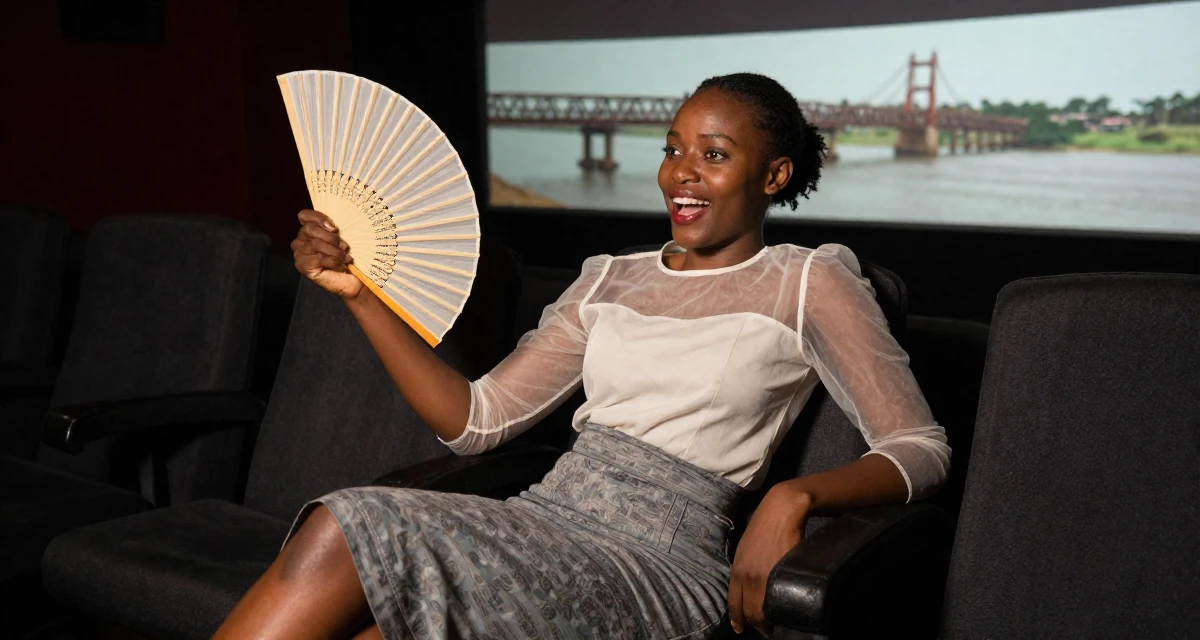 A enthusiastic Female From Gabon, studied oil and gas management in their 22, forming early ideas of personal branding, wearing a sheer sleeve blouse and a high-waisted skirt, fanning self with a hand in a cinema lobby.