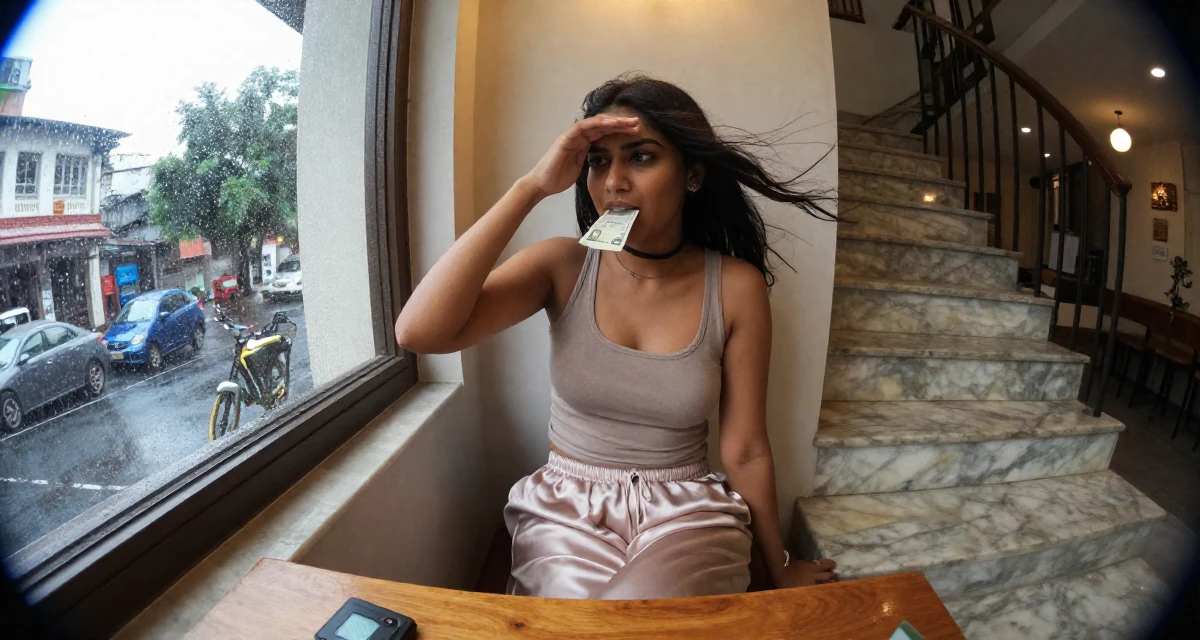 A soulful Female From India, majored in fashion technology in their 23, enjoying the first taste of disposable income, wearing a loose silk trousers and a fitted tank top, shielding face from the wind in a rainy window seat.