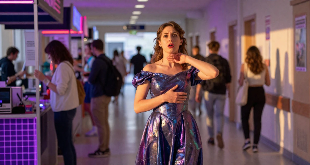 A awestruck Female From Prague Czech Republic, majored in multimedia journalism in their 24, walking briskly with purpose and focus, wearing a galactic princess gown with metallic fabrics, stretching the neck in a hospital corridor.