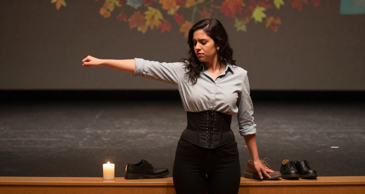 A wistful Female From Ecuador, studied system engineering in their 33, embracing a solo travel lifestyle, wearing a button-up shirt with a corset belt and black pants, looking down at shoes in a empty theater stage.