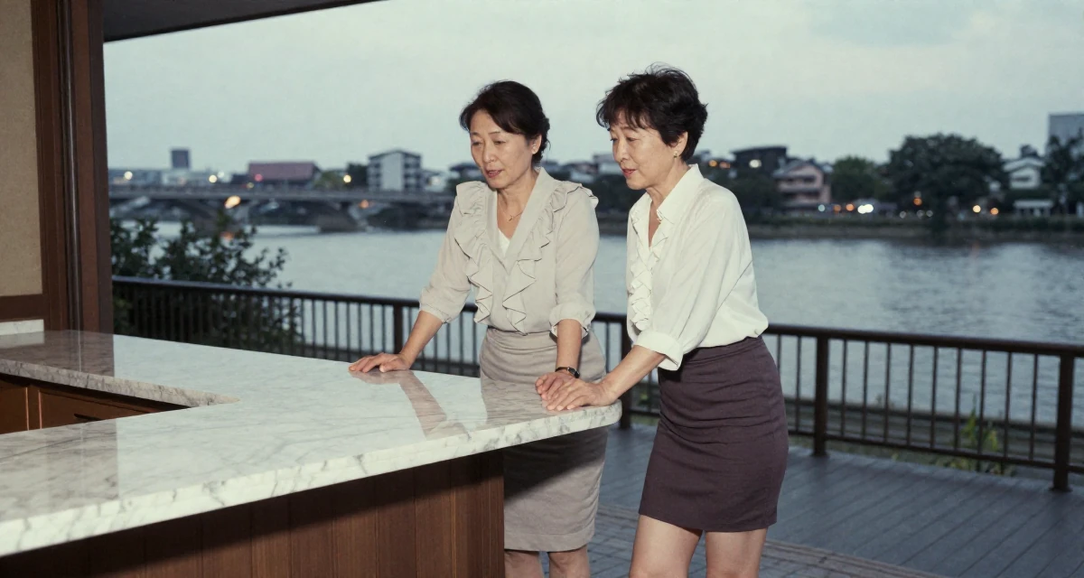 A harmonious Female From Japan, based in Osaka, graduated from a local college majoring in marketing in their 40, supporting aging parents, wearing a ruffled blouse tucked into a tight mini skirt, pausing mid-step in a front porch.
