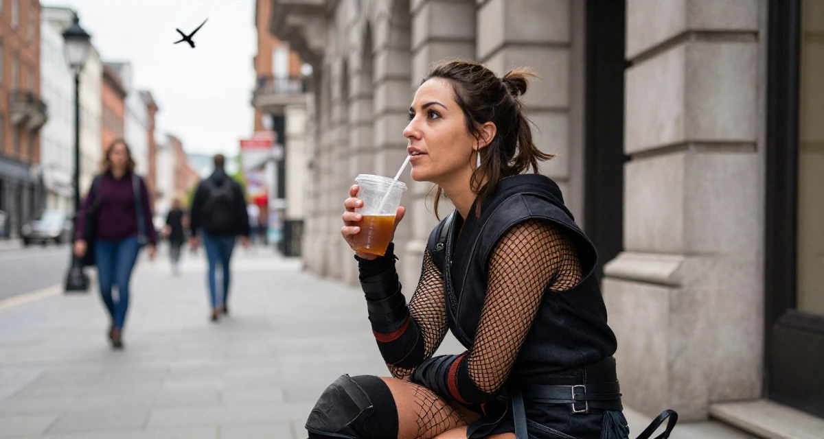 A thoughtful Female Previous dental assistant, now exploring body-empowerment narratives in their 37, navigating the world of freelance consulting, wearing a ninja kunoichi outfit with fishnet details, holding a cold drink in a historic downtown.