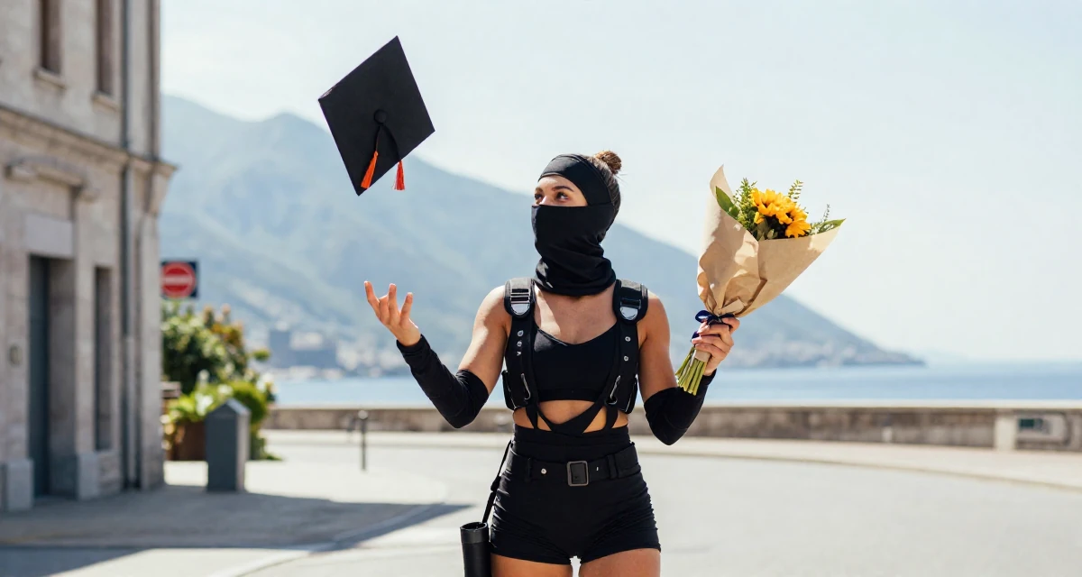 A bright and optimistic Female From Belgium, based in Antwerp, graduated from a fashion school majoring in intimate costume styling in their 23, juggling low-paying jobs while squeezing time for content, wearing a tech-wear ninja outfit with a face mask, holding a bouquet in a neon-lit street.