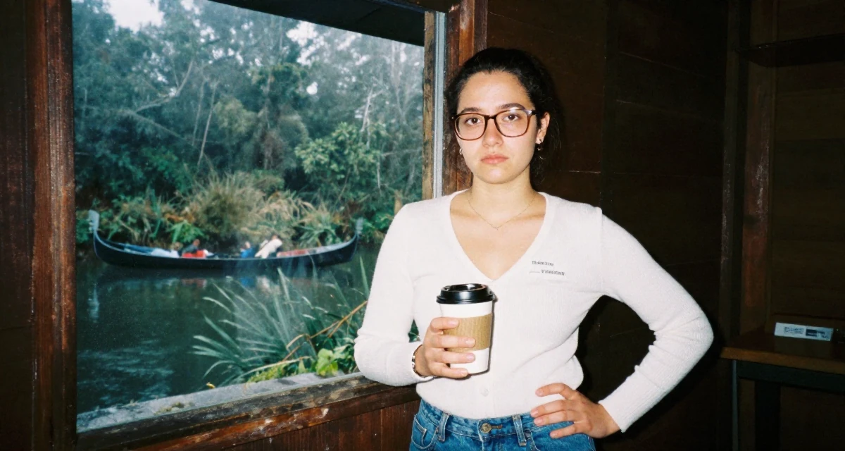A vulnerable Female From Australia, studied event management in their 21, planning a gap year to escape reality, wearing a librarian outfit with glasses and a tight cardigan, holding a coffee cup with both hands in a rustic wooden cabin interior.