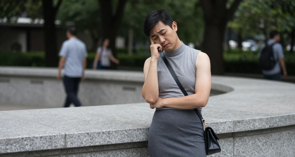 A mysterious male Once a kindergarten teacher, now a full-time lifestyle content creator in their 22, dealing with burnout from too many posting expectations, wearing a mock neck sleeveless top and a pencil skirt, holding a purse tightly in a quiet park.