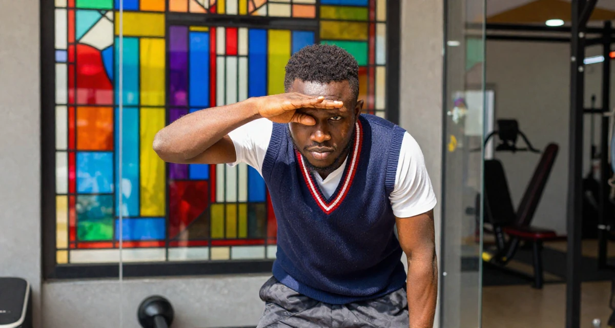 A aloof but intriguing male From Lagos Nigeria, majored in digital marketing in their 25, learning how poses can feel powerful instead of scary, wearing a preppy sweater vest combo, shading eyes from the sun in a gym interior.