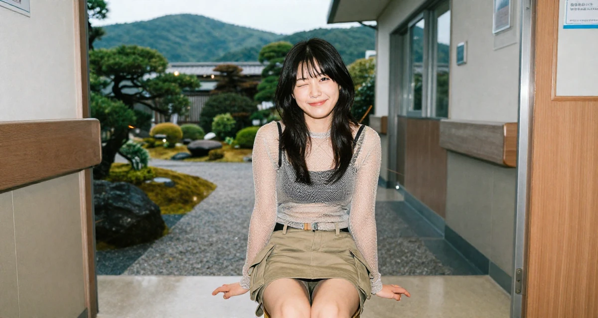 A grateful Female From Osaka Japan, holds a degree in animation design in their 20, looking for their tribe in a new city, wearing a layered mesh top and cargo mini skirt, winking playfully in a hospital corridor.