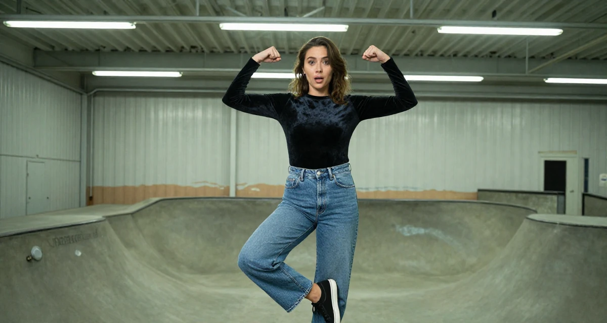 A charming Female From Auckland New Zealand, explored intimate photography as personal therapy in their 22, building fans who appreciate charm over shock, wearing a velvet bodysuit and high-waisted mom jeans, crossing legs in a skate park.