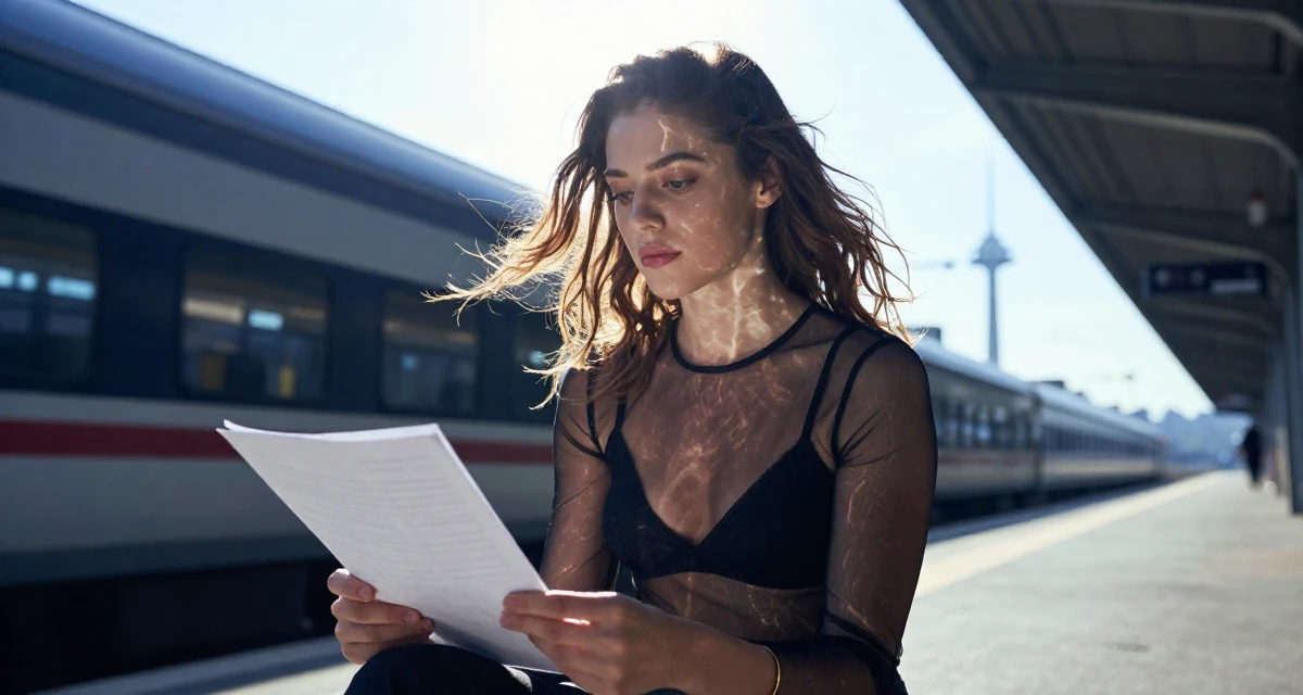 A thoughtfully silent Female From Vienna Austria, studied stage performance and sensual movement in their 24, fine-tuning creative style and lighting setups, wearing a sheer mesh top layered over a black bralette, holding a piece of paper in a train platform.