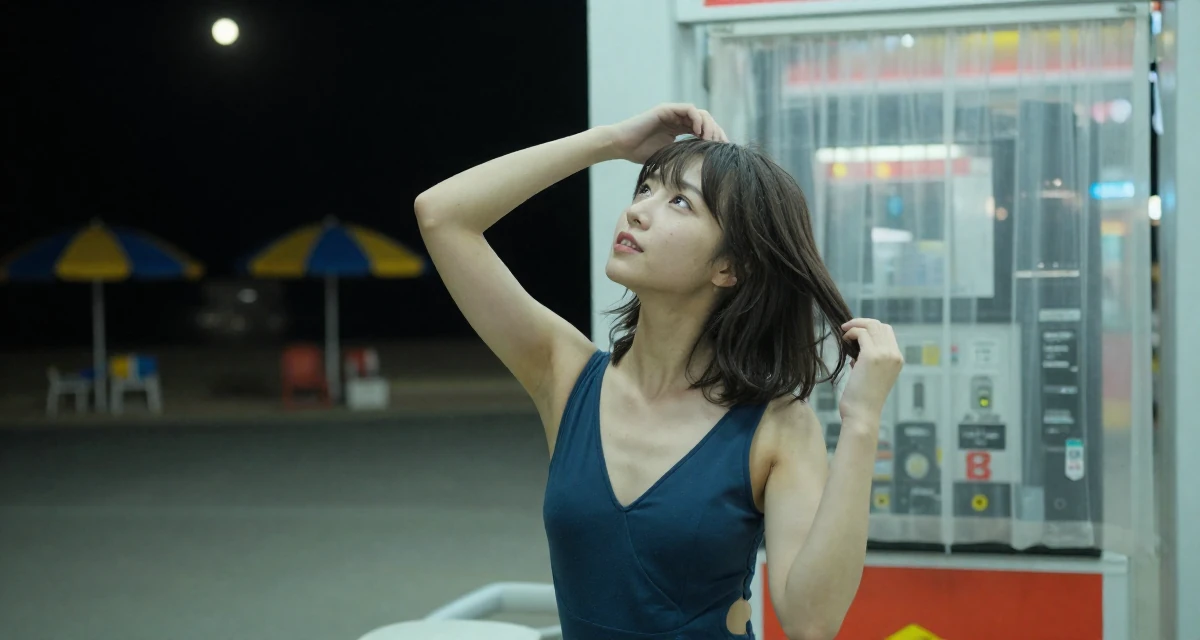 A radiant Female From Japan, studied early childhood education in their 25, crafting a cute–seductive persona while studying full-time, wearing a sleeveless bodysuit with deep armholes, looking up at the sky in a gas station at night.