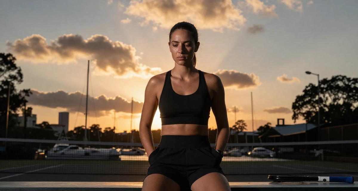 A melancholic yet beautiful Female From Brisbane Australia, majored in physiotherapy in their 22, forming early ideas of personal branding, wearing a modern casual lifestyle wear, putting hands in pockets in a tennis court.