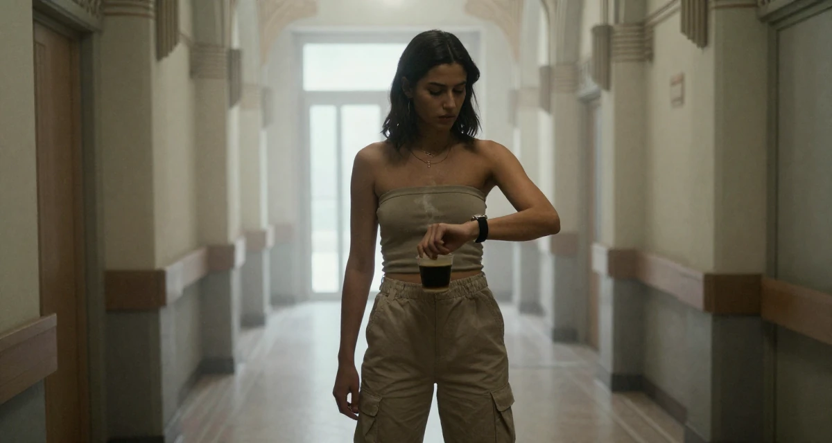 A determined Female From Milan Italy, studied fashion styling in their 23, wearing smart casual and checking a watch, wearing a strapless tube top and cargo pants, brushing off dust in a hospital corridor.