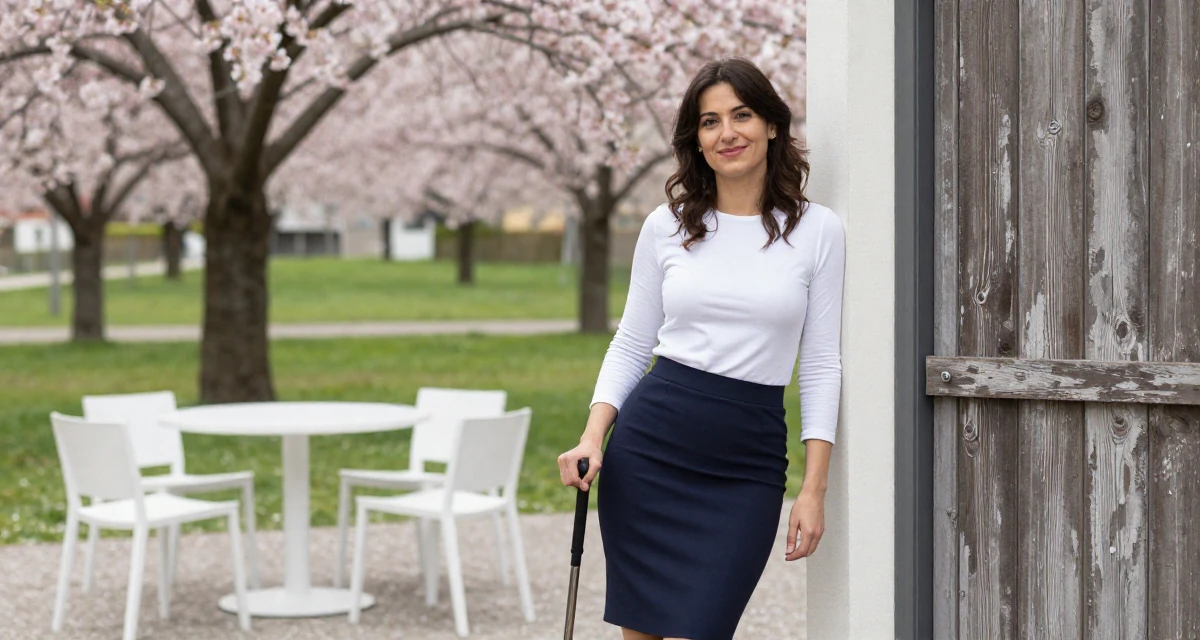 A friendly Female From Italy, studied graphic design in their 41, expert in digital marketing for small biz, wearing a office lady pencil skirt and tight white shirt, leaning against a door in a cherry blossom park.