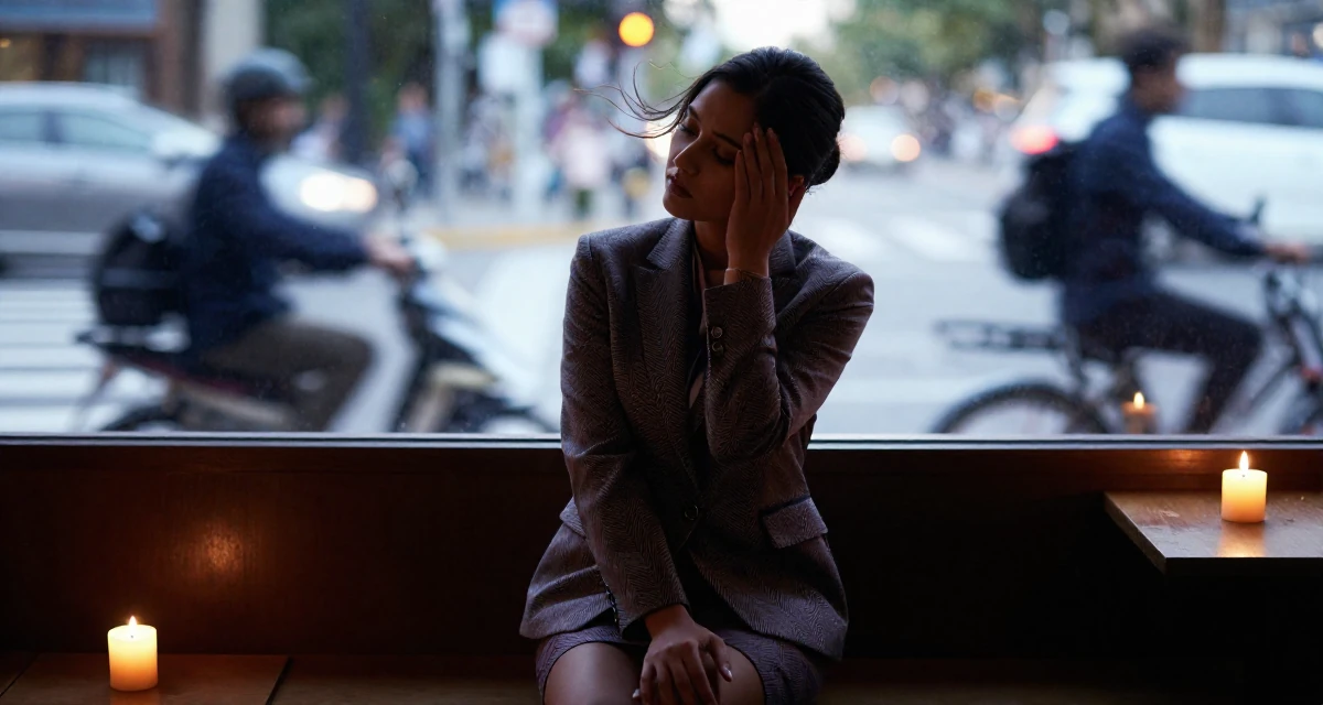A soulful Female Former flight attendant, now offering global-inspired aesthetic content in their 25, letting go of the need to please everyone, wearing a structured blazer with shorts, shielding face from the wind in a classroom setting.