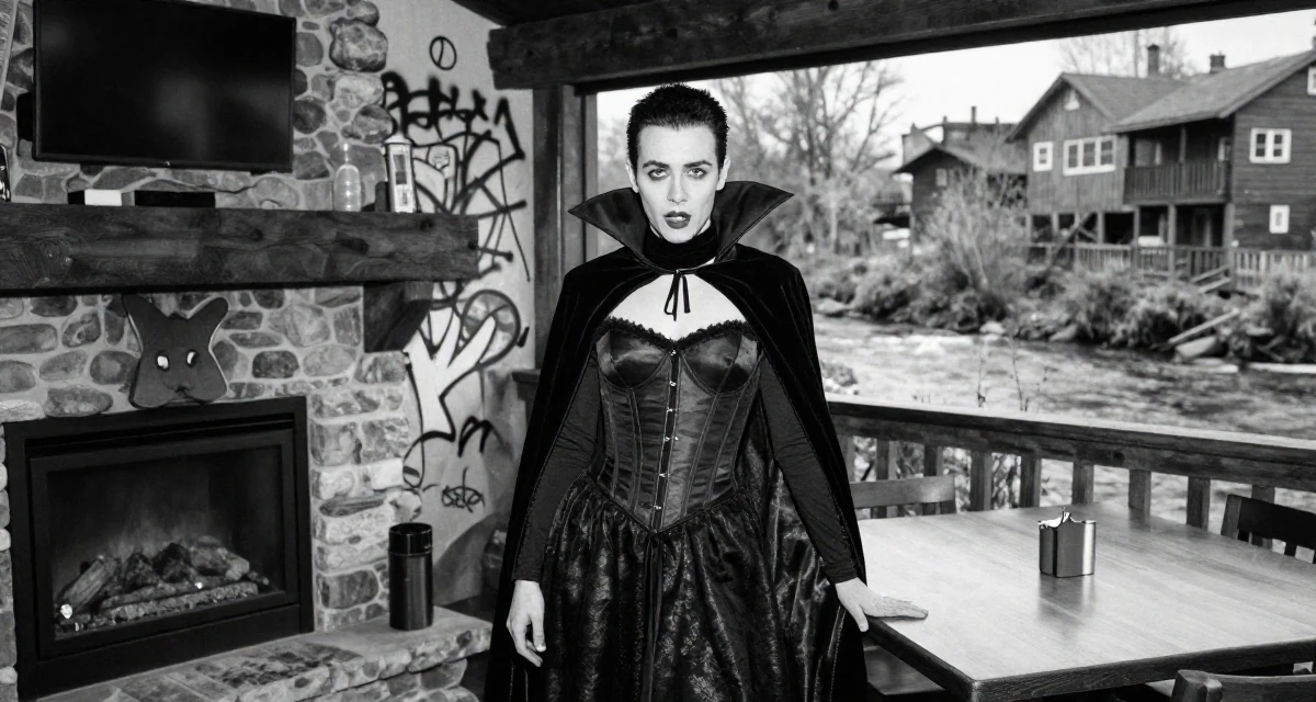 A fearless male Once a digital-marketing intern, now running her own creator brand in their 20, looking for their tribe in a new city, wearing a vampire queen gown with a high collar and corset, resting hands on a table in a ski lodge fireplace.