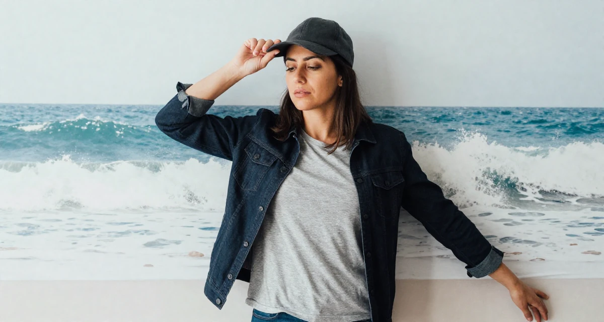 A soulful Female Previously a construction worker, now documenting strength-expressive lifestyle in their 45, helping kids through school, wearing a structured jacket with casual tee, adjusting a hat in a minimalist bedroom.