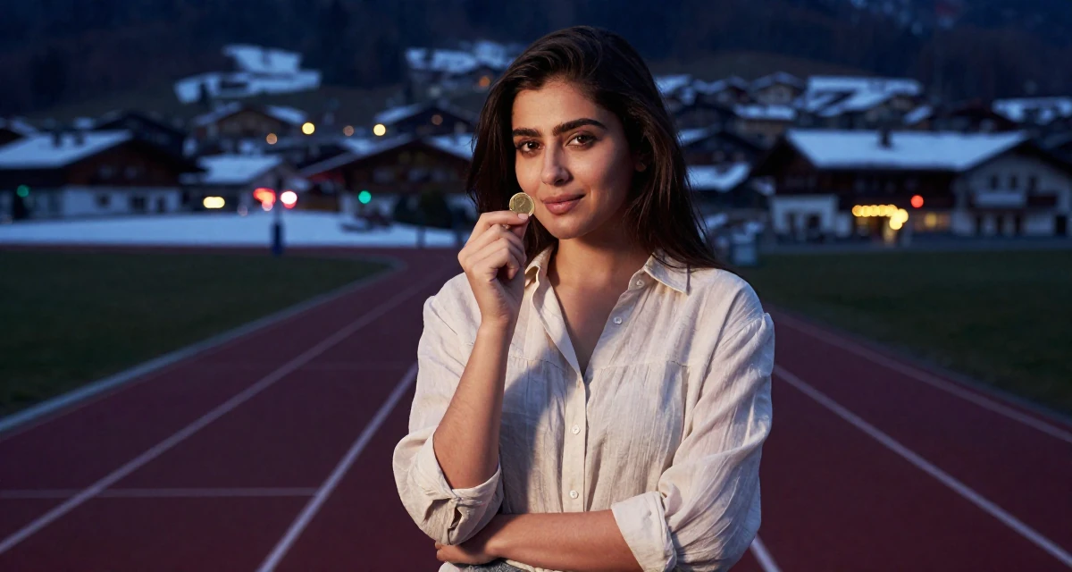A charismatic Female From Pakistan, majored in mass communication in their 24, learning to prioritize emotional well-being, wearing a lightweight chiffon blouse slightly unbuttoned, flipping a coin in a running track.
