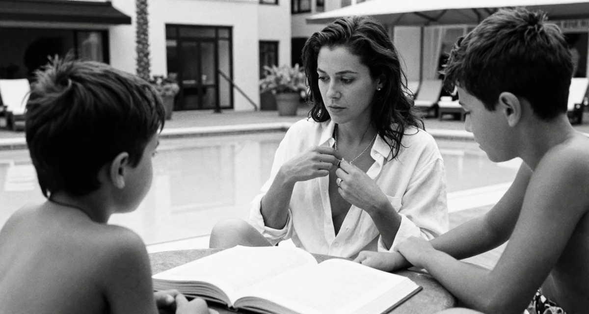 A introspective Female Former stay-in nanny, now building her own self-expression platform in their 45, helping kids apply for college and empty nesting, wearing a white shirt unbuttoned to the chest, fiddling with a necklace in a swimming pool deck.