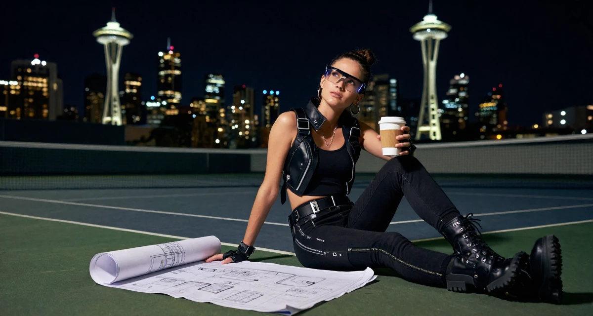 A dreaming Female From Australia, based in Gold Coast, graduated from a media academy majoring in sensual creative direction in their 22, adapting to the shift from school to full-time work, wearing a cyberpunk hacker outfit with oversized tech glasses, holding a cup of coffee in a tennis court.