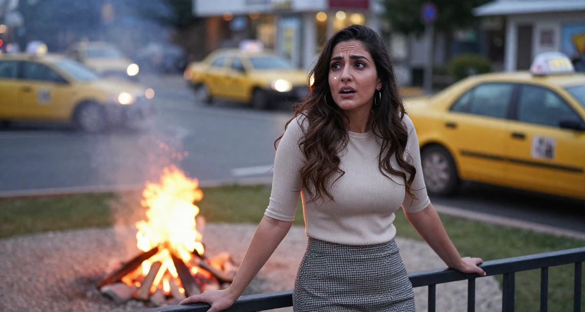 A anxious but excited Female From Arabic-speaking world, studied international logistics in their 42, restarting career after burnout, wearing a fitted ribbed top and a check pattern skirt, waiting for a taxi in a campfire circle.