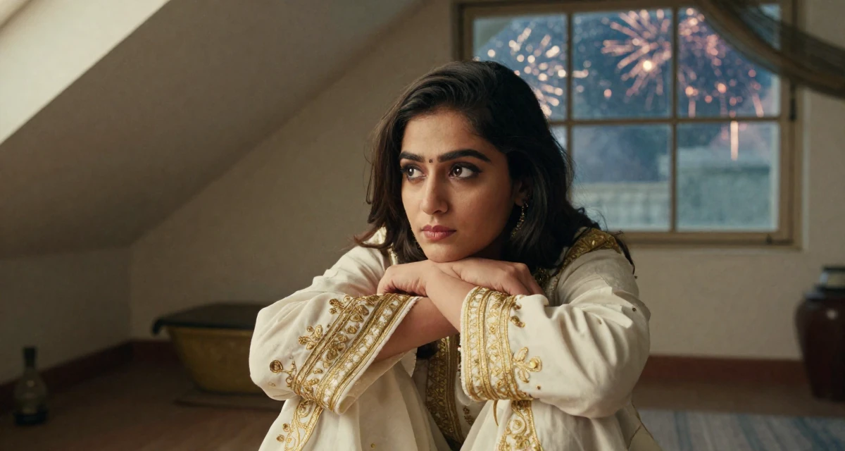 A playful Female From Pakistan, based in Lahore, graduated from a business school majoring in marketing management in their 21, hiding insecurity behind a perfect makeup look, wearing a high-fantasy sorceress robe with gold embroidery, glancing over the shoulder in a attic room.