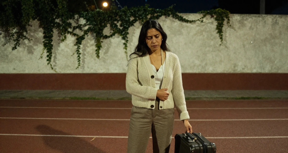 A melancholic Female From Mexico, based in Guadalajara, graduated from a cultural academy majoring in expressive body movement in their 35, celebrating a major career milestone, wearing a cozy knit cardigan and slacks, pulling a suitcase in a running track.