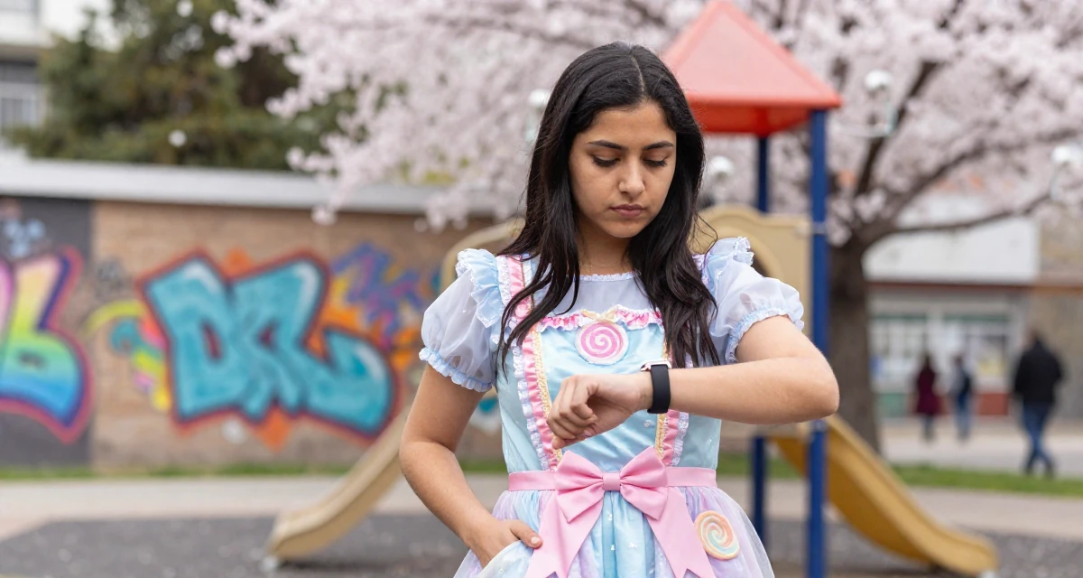 A determined Female From Chile, majored in international business at a private university in their 23, refining their taste in art and music, wearing a candy-themed magical girl dress with pastel colors, glancing at a wristwatch in a school playground.